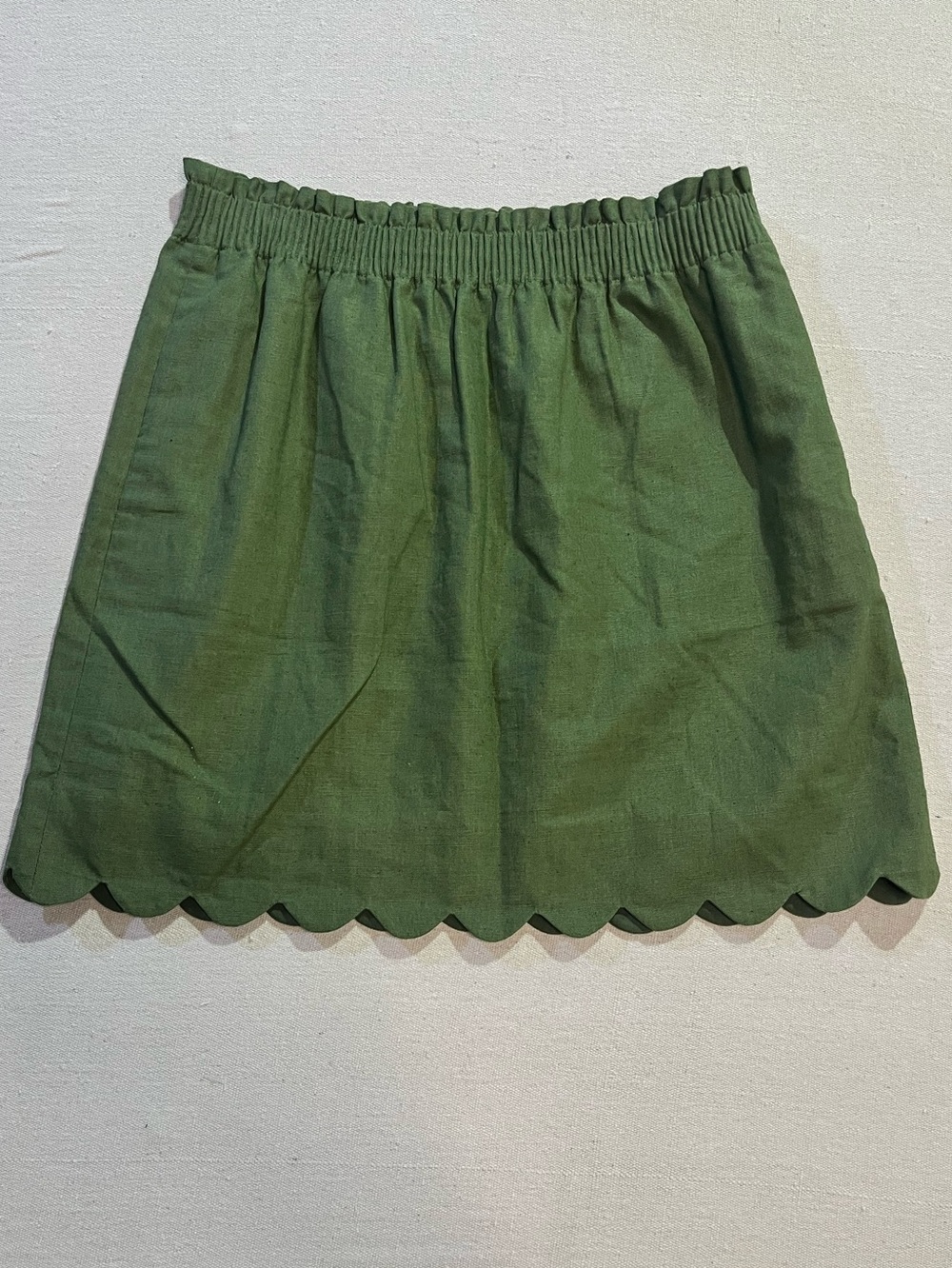 J.Crew Linen Blend Scalloped Hem Elastic Paperbag Waist Lined Skirt Olive Sz 10